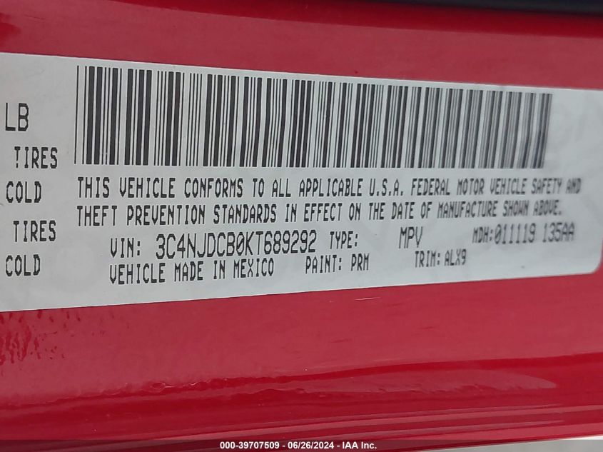 2019 Jeep Compass Limited VIN: 3C4NJDCB0KT689292 Lot: 39707509