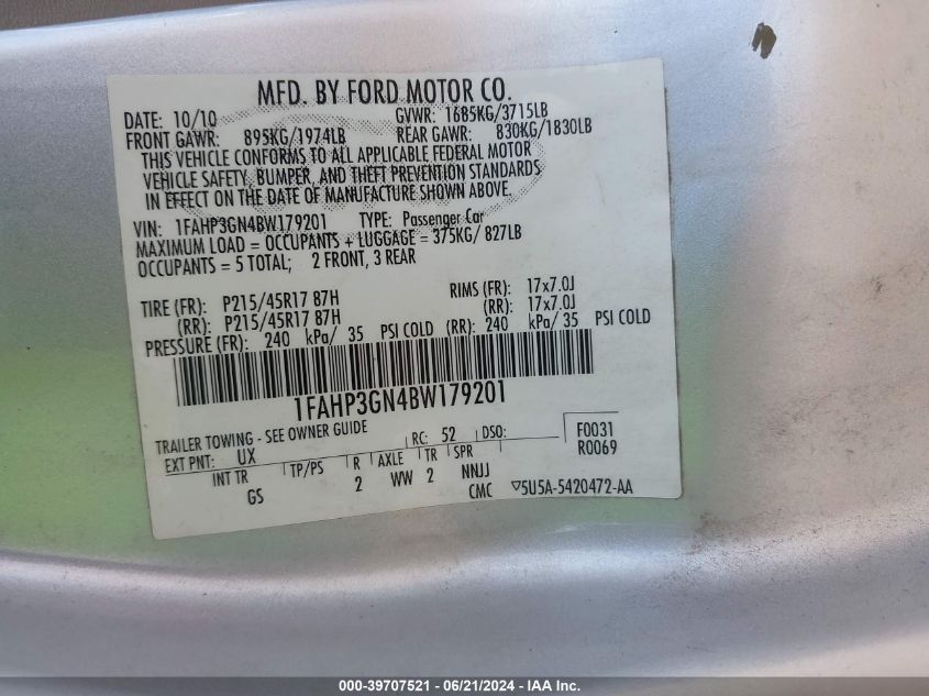 2011 Ford Focus Ses VIN: 1FAHP3GN4BW179201 Lot: 39707521