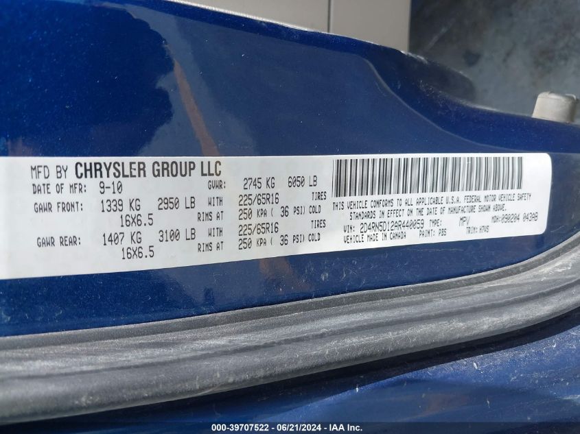 2010 Dodge Grand Caravan Sxt VIN: 2D4RN5D12AR440059 Lot: 39707522