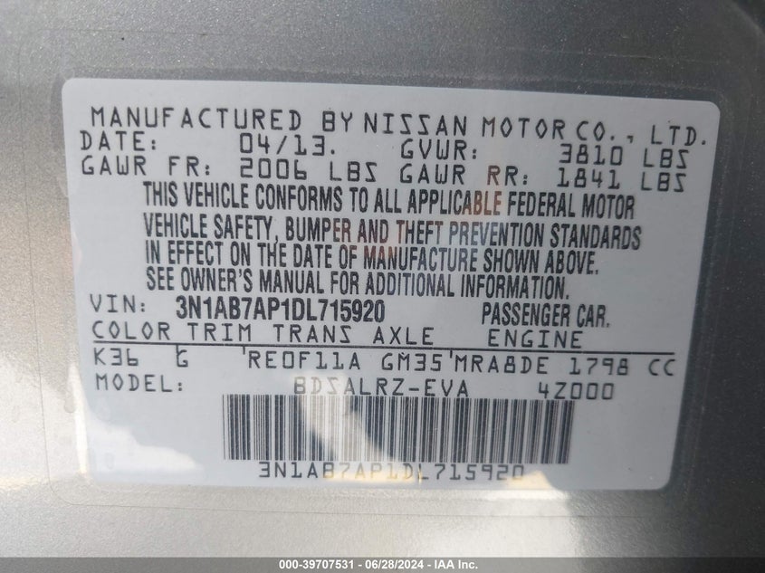 2013 Nissan Sentra Sr VIN: 3N1AB7AP1DL715920 Lot: 39707531