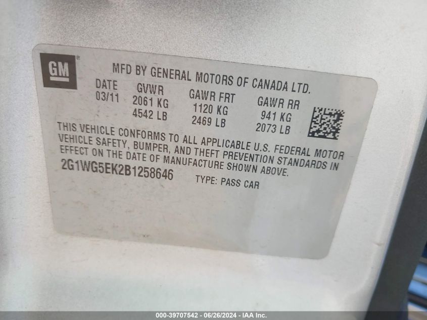 2011 Chevrolet Impala Lt VIN: 2G1WG5EK2B1258646 Lot: 39707542