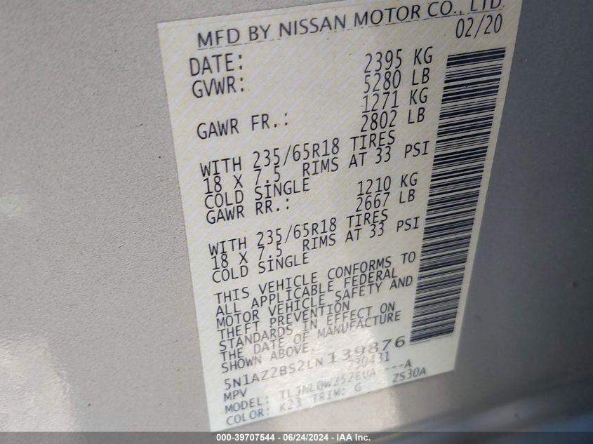 2020 Nissan Murano Sv Intelligent Awd VIN: 5N1AZ2BS2LN139876 Lot: 39707544