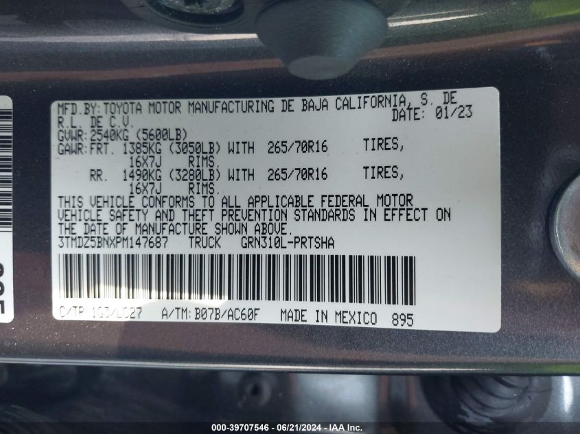 2023 Toyota Tacoma Double Cab/Sr5/Trd Sport/Trd Off Road VIN: 3TMDZ5BNXPM147687 Lot: 39707546