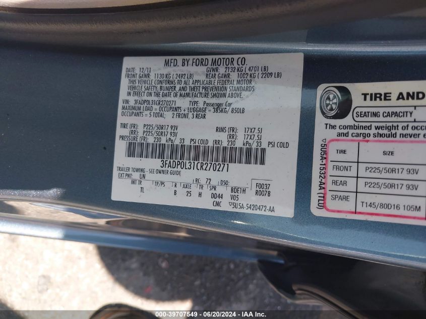 2012 Ford Fusion Hybrid VIN: 3FADP0L31CR270271 Lot: 39707549