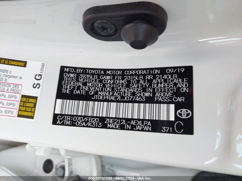 VIN JTDEPRAE7LJ077463 2020 TOYOTA COROLLA LE