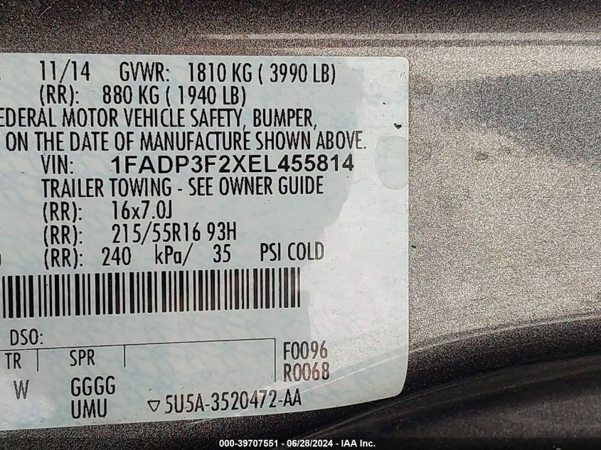 2014 Ford Focus Se VIN: 1FADP3F2XEL455814 Lot: 39707551