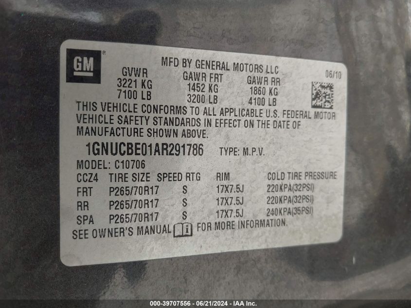 2010 Chevrolet Tahoe Lt VIN: 1GNUCBE01AR291786 Lot: 39707556