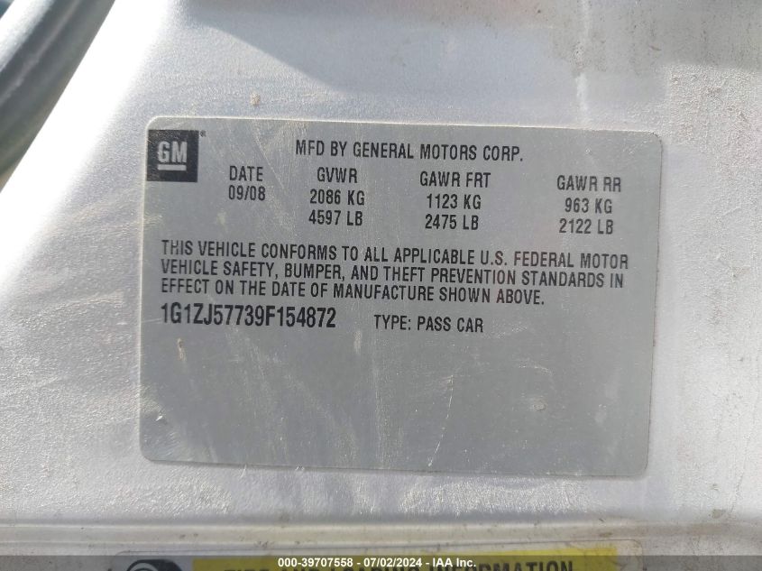 2009 Chevrolet Malibu Lt VIN: 1G1ZJ57739F154872 Lot: 39707558