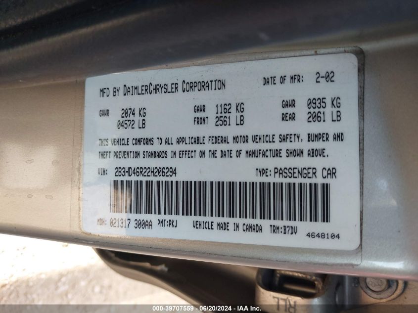 2002 Dodge Intrepid Se VIN: 2B3HD46R22H206294 Lot: 39707559