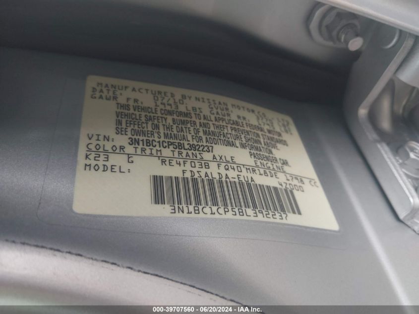 2011 Nissan Versa 1.8S VIN: 3N1BC1CP5BL392237 Lot: 39707560