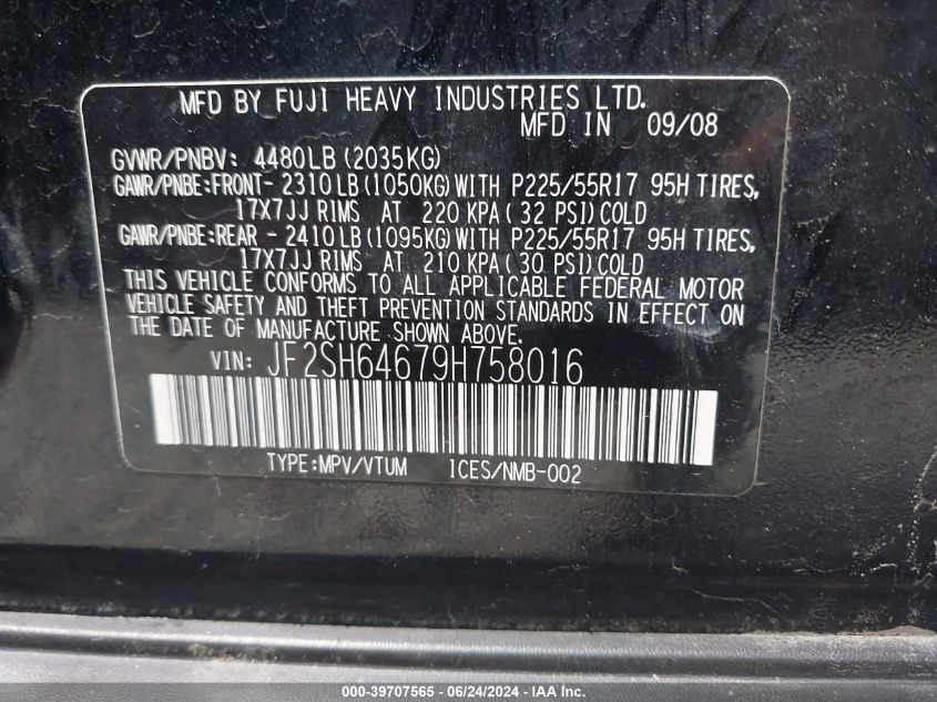 2009 Subaru Forester 2.5X Limited VIN: JF2SH64679H758016 Lot: 39707565