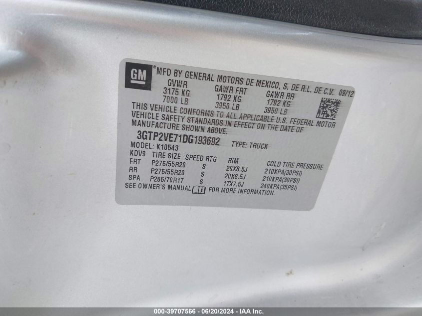 2013 GMC Sierra K1500 Sle VIN: 3GTP2VE71DG193692 Lot: 39707566