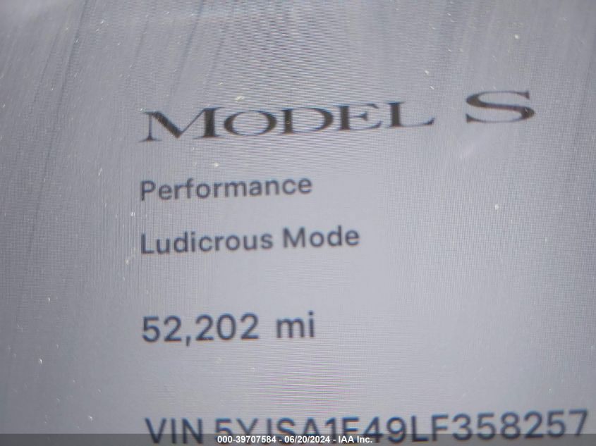 2020 Tesla Model S Performance Dual Motor All-Wheel Drive VIN: 5YJSA1E49LF358257 Lot: 39707584