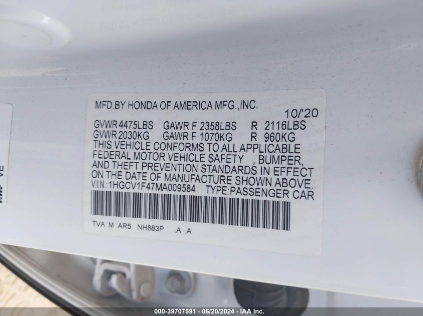 2021 Honda Accord Sport Special Edition VIN: 1HGCV1F47MA009584 Lot: 39707591