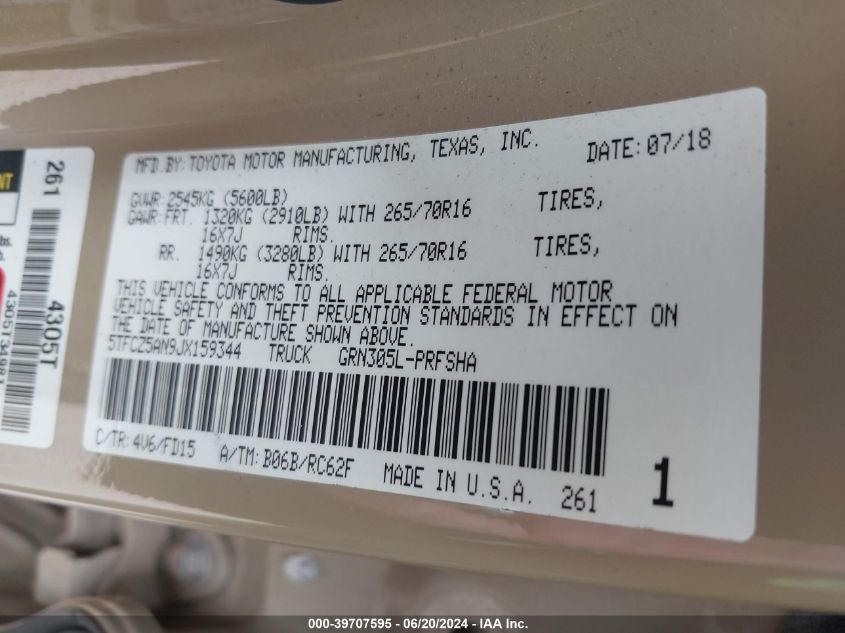 2018 Toyota Tacoma Trd Off Road VIN: 5TFCZ5AN9JX159344 Lot: 39707595