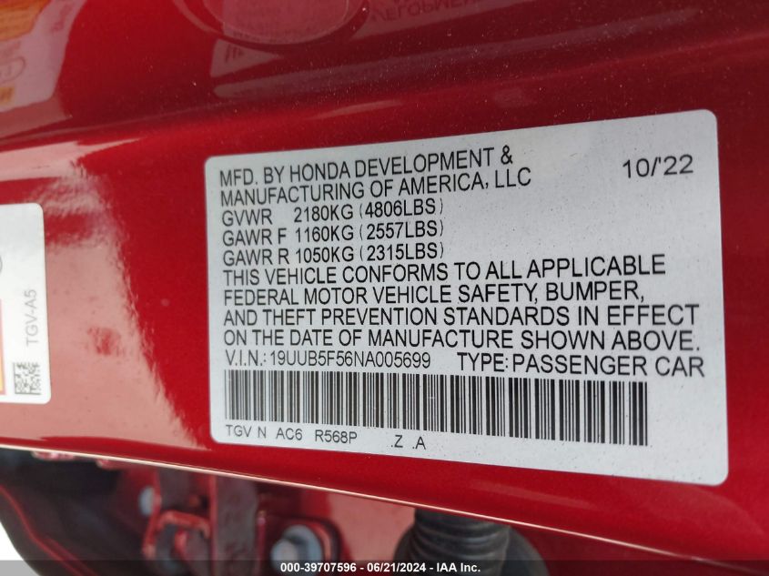 2022 ACURA TLX 2.0L I-4 DI, DOHC, V(VIN: 19UUB5F56NA005699