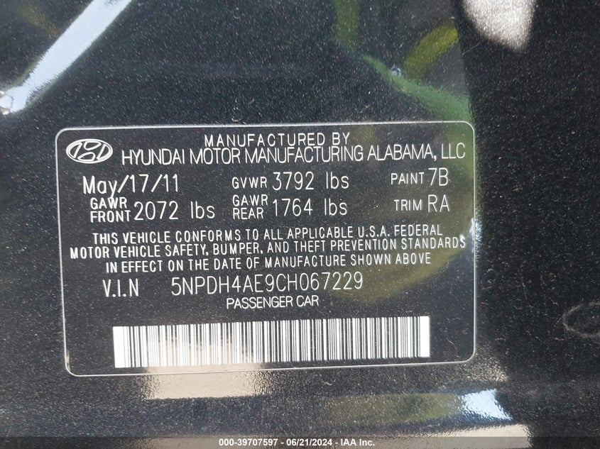 2012 Hyundai Elantra Gls VIN: 5NPDH4AE9CH067229 Lot: 39707597