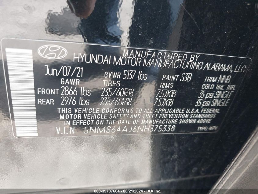 2022 Hyundai Santa Fe Sel VIN: 5NMS64AJ6NH375338 Lot: 39707604