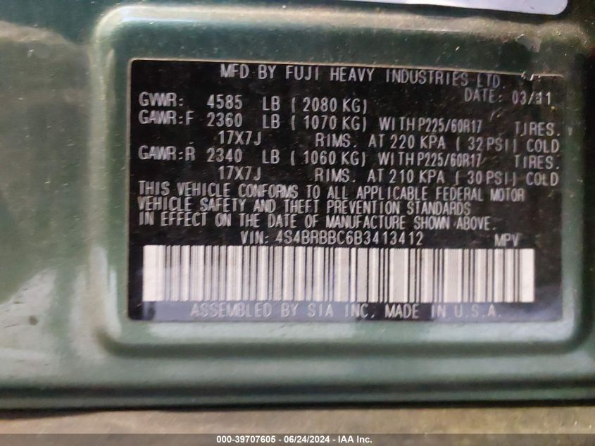 2011 Subaru Outback 2.5I Premium VIN: 4S4BRBBC6B3413412 Lot: 39707605