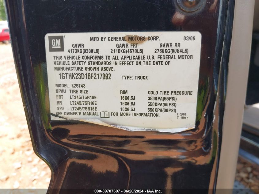 2006 GMC Sierra 2500Hd Slt VIN: 1GTHK23D16F217392 Lot: 39707607