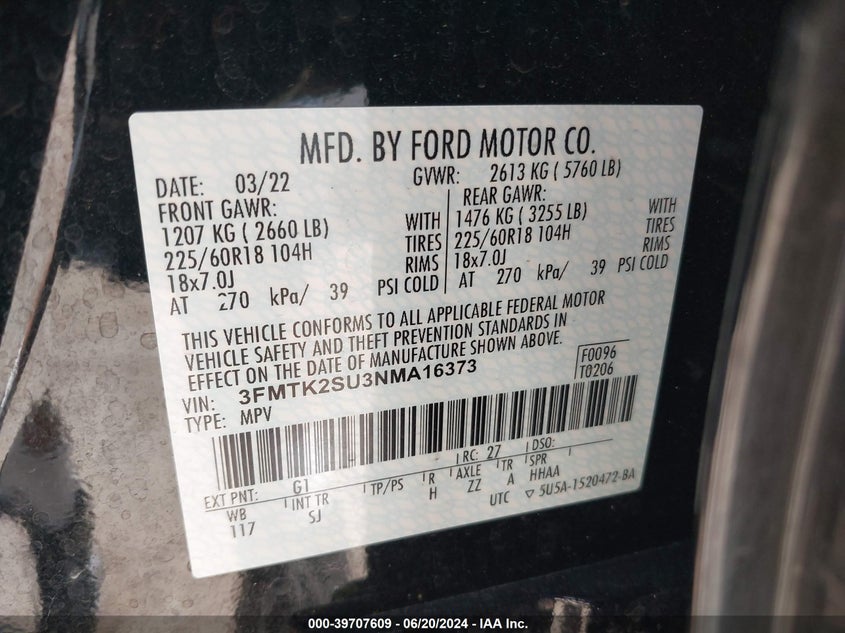 2022 FORD MUSTANG MACH-E N(VIN: 3FMTK2SU3NMA16373