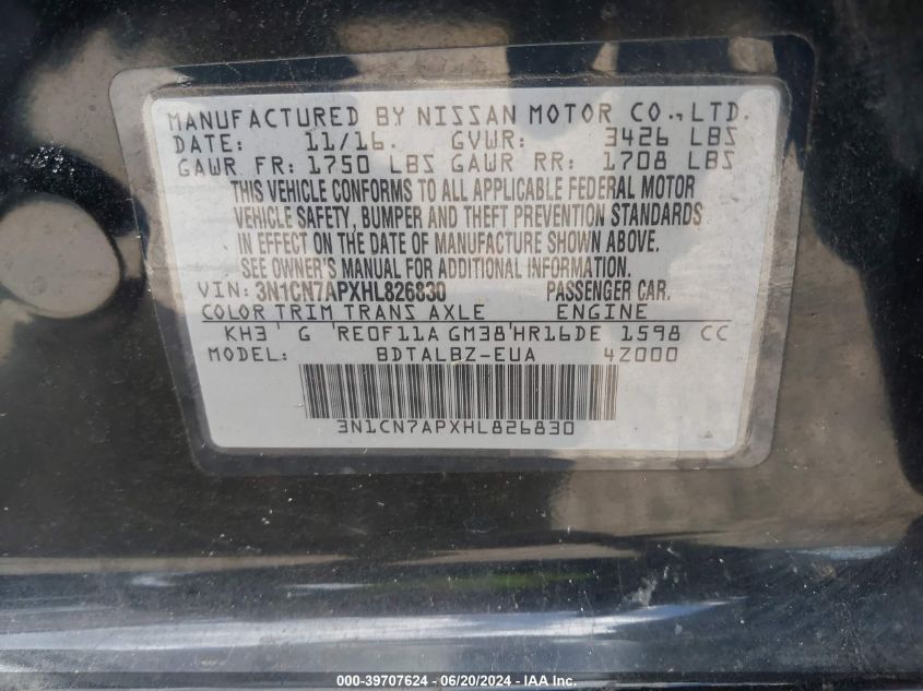 2017 Nissan Versa 1.6 Sv VIN: 3N1CN7APXHL826830 Lot: 39707624