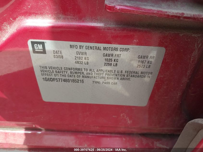 2008 Cadillac Cts Standard VIN: 1G6DF577480185216 Lot: 39707625