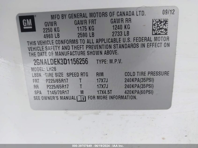 2013 Chevrolet Equinox 1Lt VIN: 2GNALDEK3D1156256 Lot: 39707649