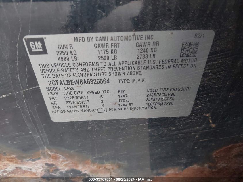 2010 GMC Terrain Sle-1 VIN: 2CTALBEW6A6326564 Lot: 39707651