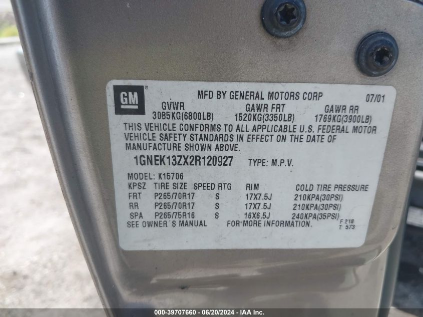 2002 Chevrolet Tahoe Z71 VIN: 1GNEK13ZX2R120927 Lot: 39707660