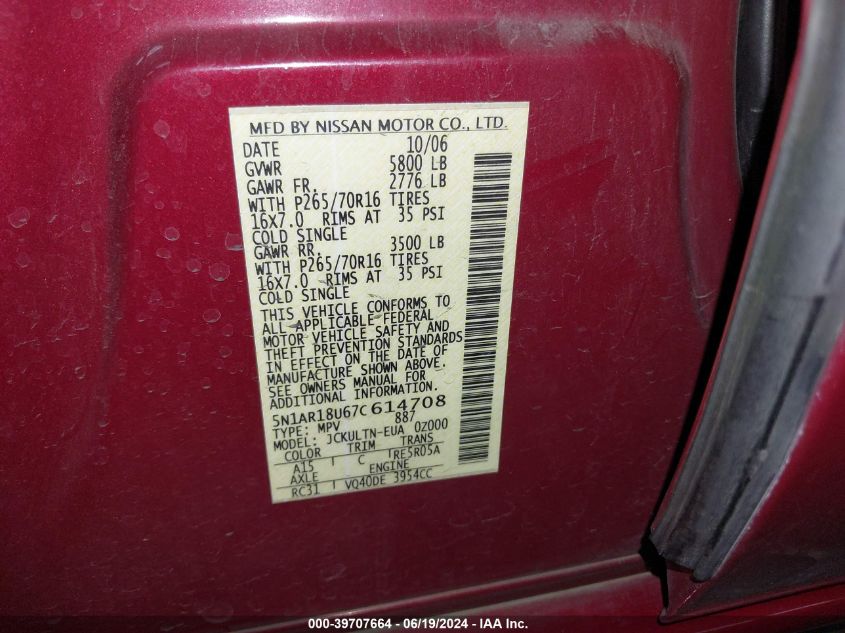 2007 Nissan Pathfinder Se VIN: 5N1AR18U67C614708 Lot: 39707664
