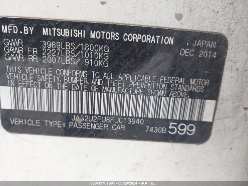 JA32U2FU8FU013940 2015 Mitsubishi Lancer Es