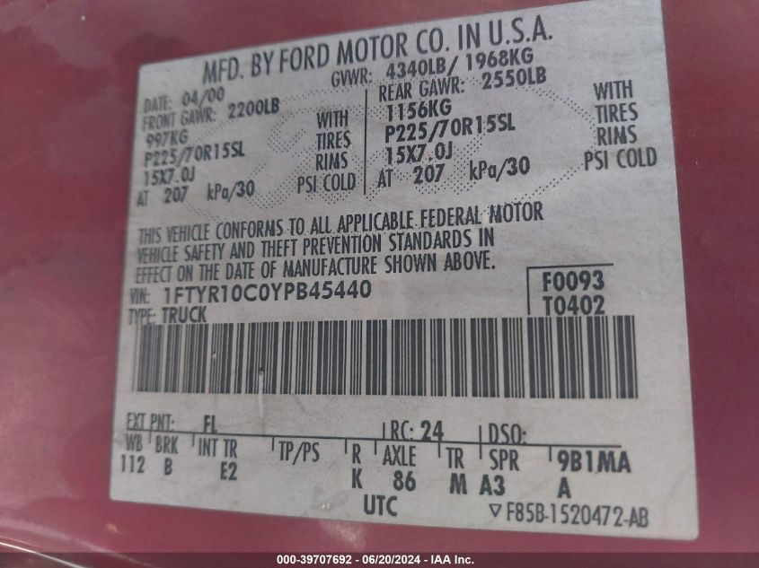 2000 Ford Ranger Xl/Xlt VIN: 1FTYR10C0YPB45440 Lot: 39707692