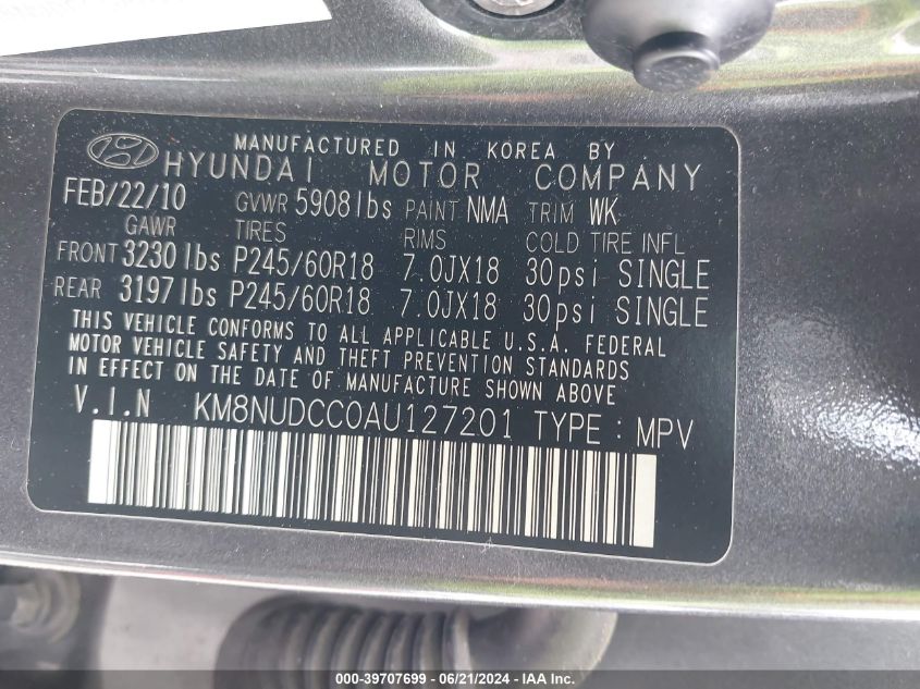 2010 Hyundai Veracruz Limited VIN: KM8NUDCC0AU127201 Lot: 39707699