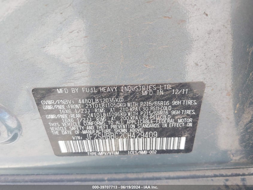 2012 Subaru Forester 2.5X VIN: JF2SHBBC2CH429409 Lot: 39707713