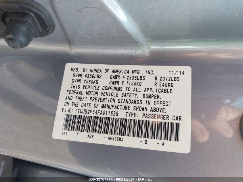 2015 Acura Tlx V6 Tech VIN: 19UUB2F54FA011629 Lot: 39707714