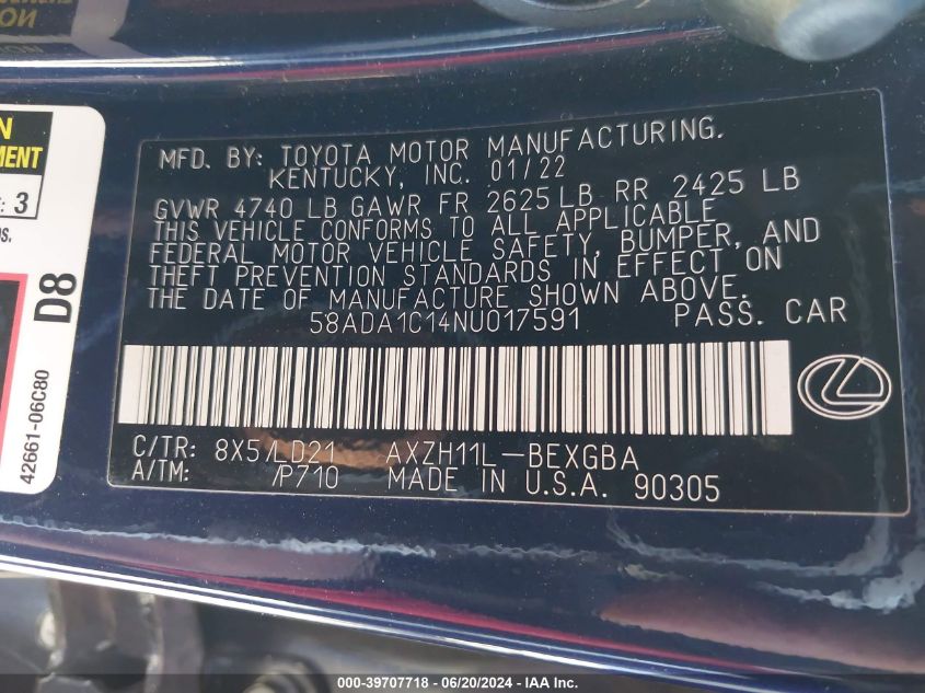 2022 Lexus Es 300H VIN: 58ADA1C14NU017591 Lot: 39707718