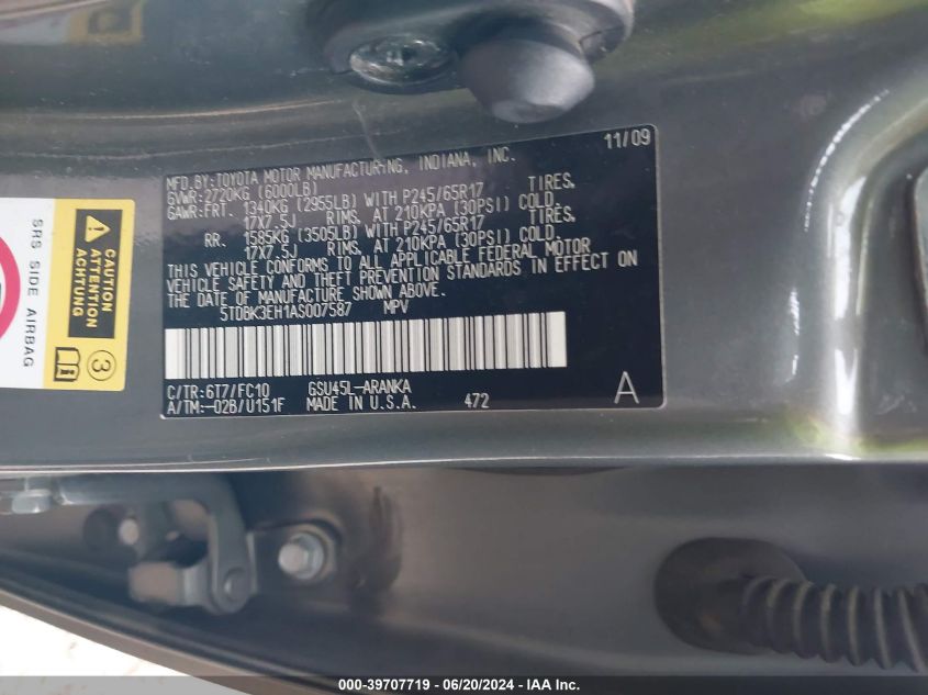 2010 Toyota Highlander Base V6 VIN: 5TDBK3EH0AF007587 Lot: 39707719