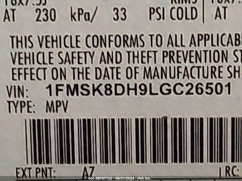 2020 Ford Explorer Xlt VIN: 1FMSK8DH9LGC26501 Lot: 39707722