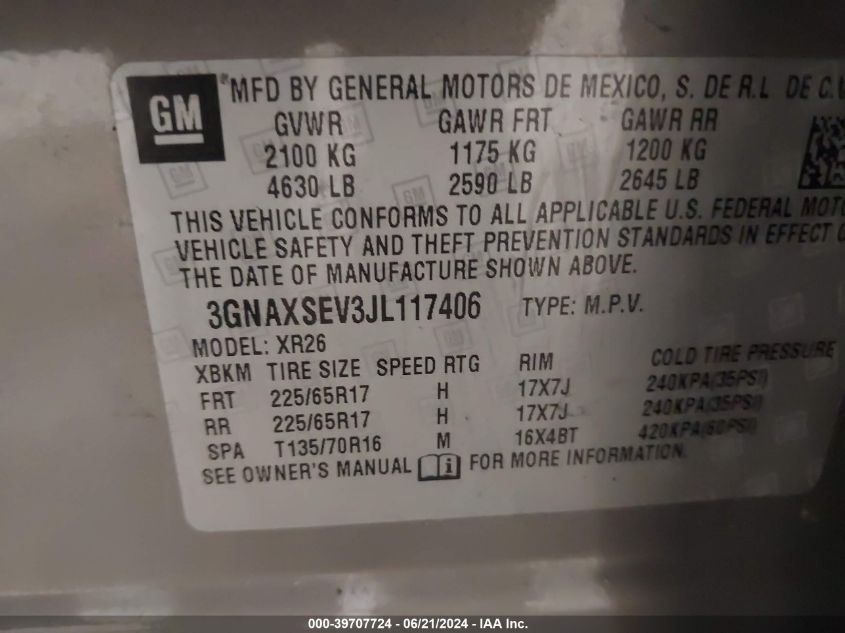 2018 Chevrolet Equinox Lt VIN: 3GNAXSEV3JL117406 Lot: 39707724