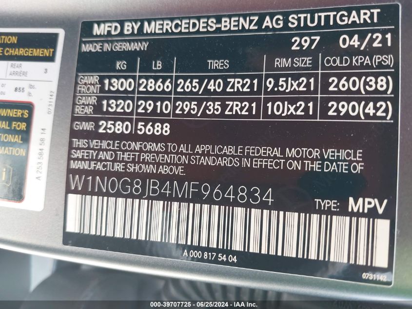 2021 Mercedes-Benz Glc 63 4Matic Amg VIN: W1N0G8JB4MF964834 Lot: 39707725