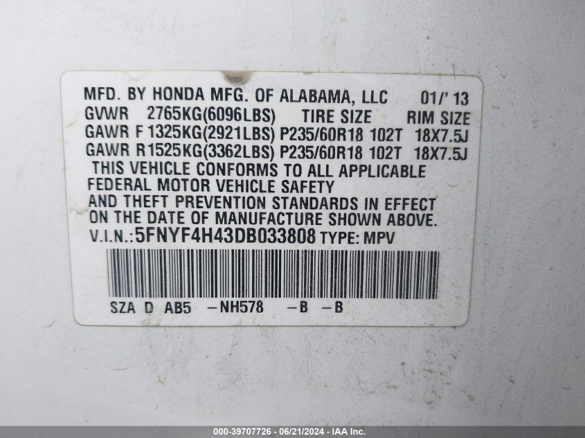 2013 Honda Pilot Ex VIN: 5FNYF4H43DB033808 Lot: 39707726