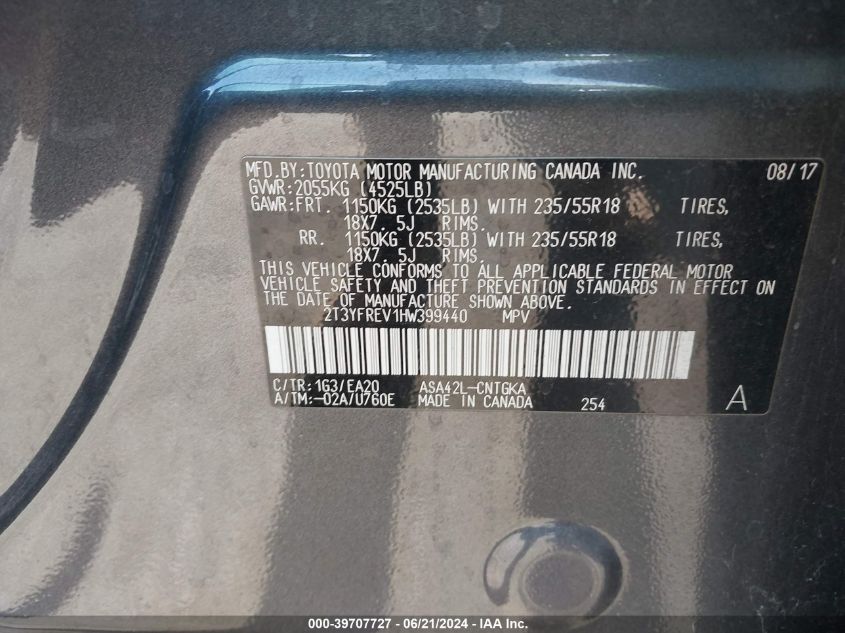 2017 Toyota Rav4 Limited/Platinum VIN: 2T3YFREV1HW399440 Lot: 39707727