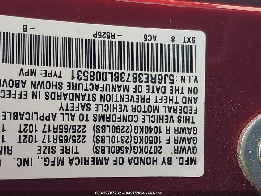 2008 Honda Cr-V Ex-L VIN: 5J6RE38738L008531 Lot: 39707732