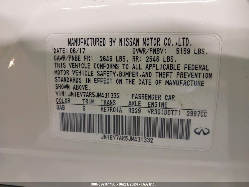 2018 Infiniti Q50 3.0T Luxe VIN: JN1EV7AR5JM431332 Lot: 39707758