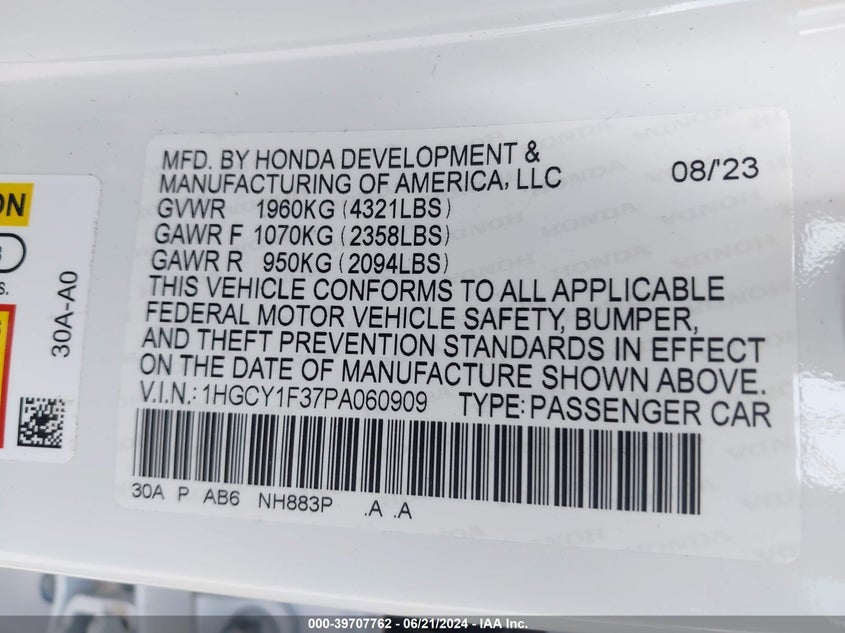 2023 HONDA ACCORD 1.5L I4   N(VIN: 1HGCY1F37PA060909
