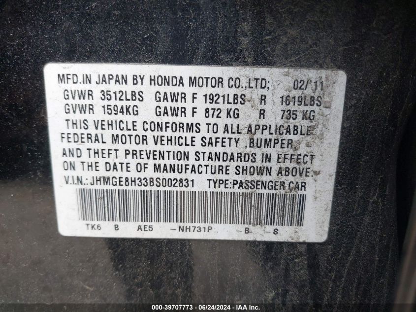 2011 Honda Fit VIN: JHMGE8H33BS002831 Lot: 39707773