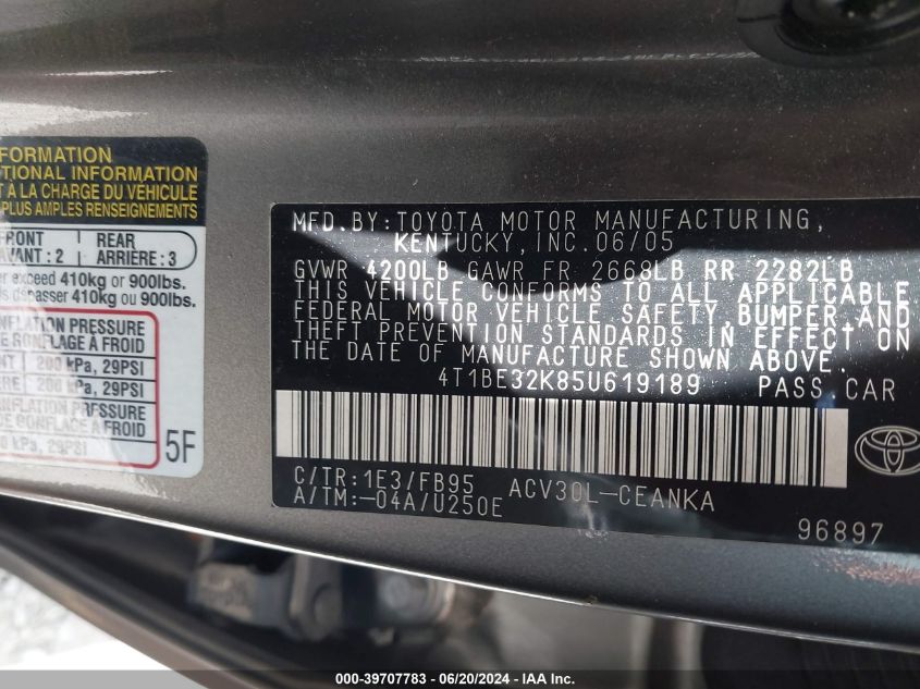 2005 Toyota Camry Le VIN: 4T1BE32K85U619189 Lot: 39707783