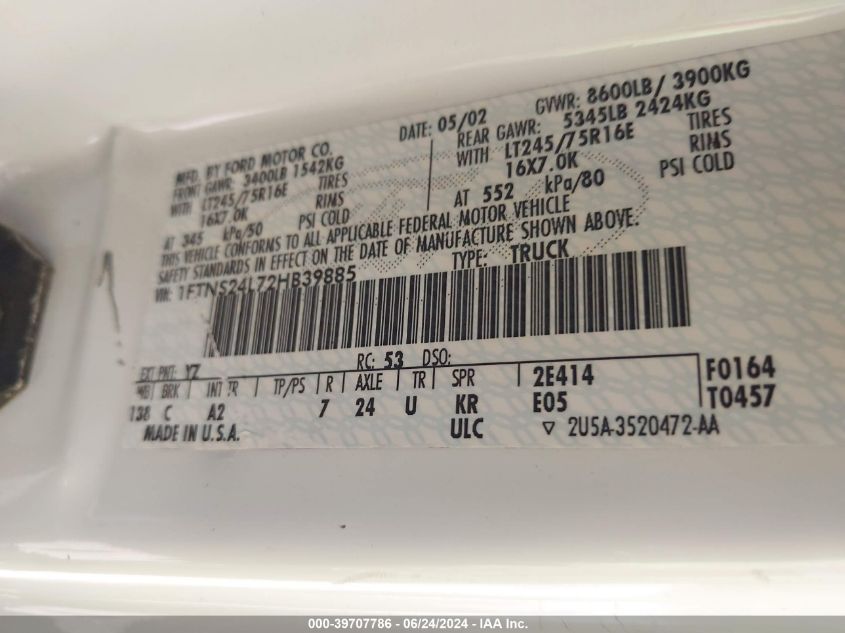 2002 Ford E-250 Commercial/Recreational VIN: 1FTNS24L72HB39885 Lot: 39707786