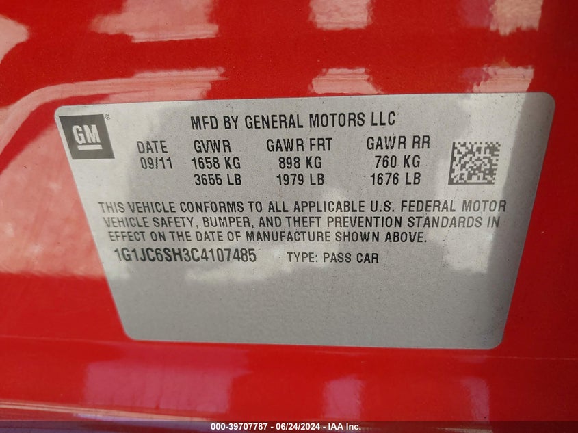 2012 Chevrolet Sonic 2Lt VIN: 1G1JC6SH3C4107485 Lot: 39707787